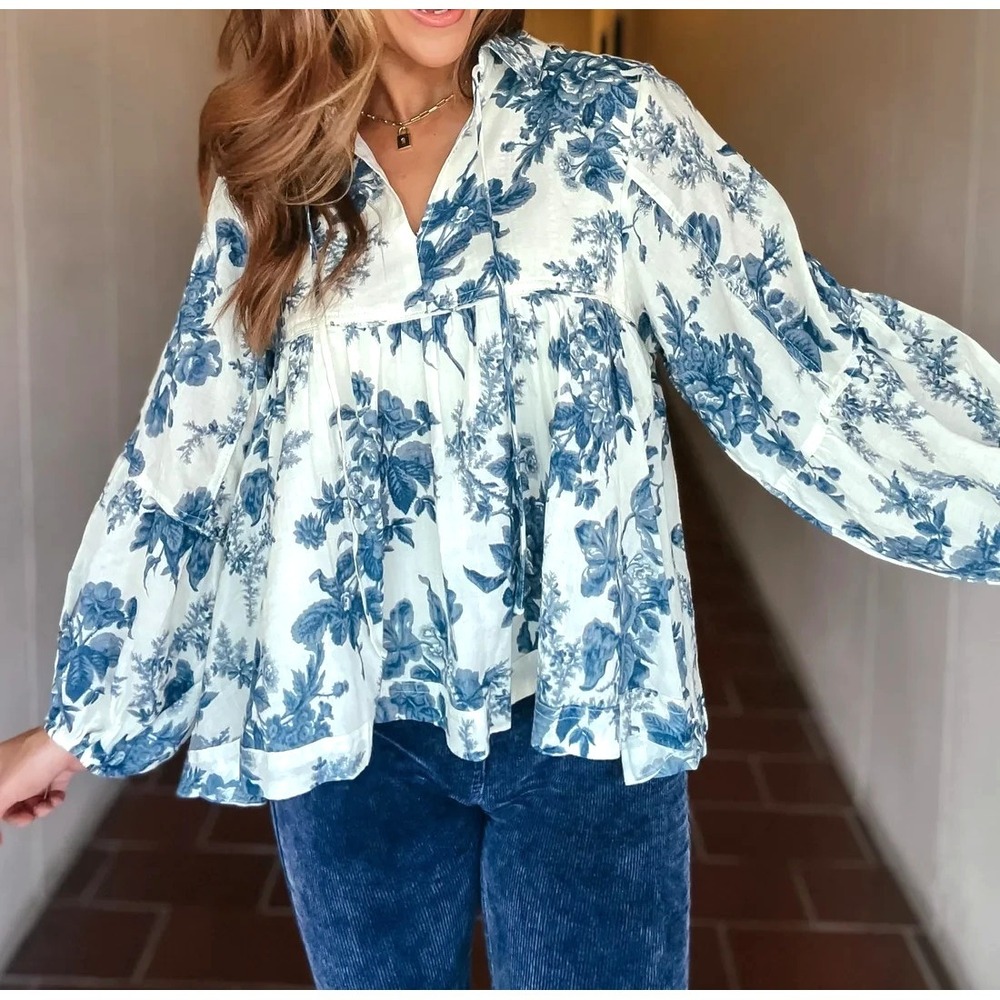 &MERCI Lined TWILL Blue Toile PUFF SLEEVES Pleated V-NECK Peplum Blouse/Top M